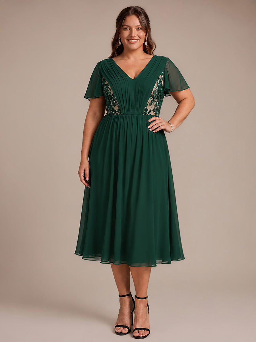 Robe midi A ligne plissée à manches courtes en V avec volants #Couleur_Vert Fonce