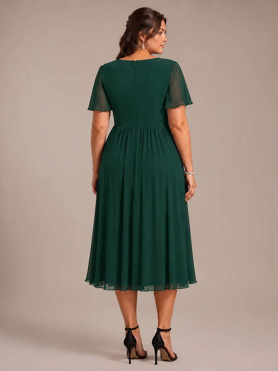 Robe midi A ligne plissée à manches courtes en V avec volants #Couleur_Vert Fonce