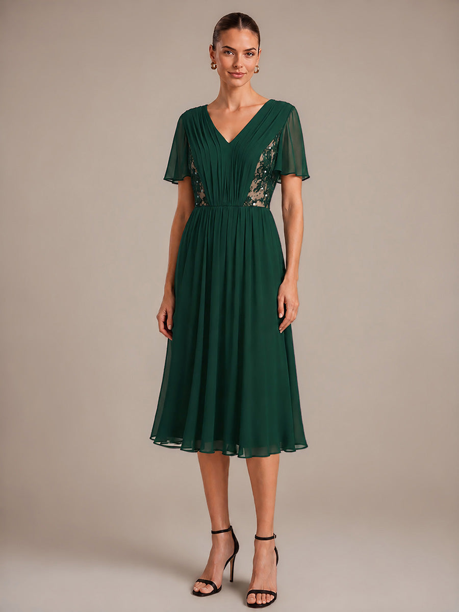 Robe midi A ligne plissée à manches courtes en V avec volants #Couleur_Vert Fonce
