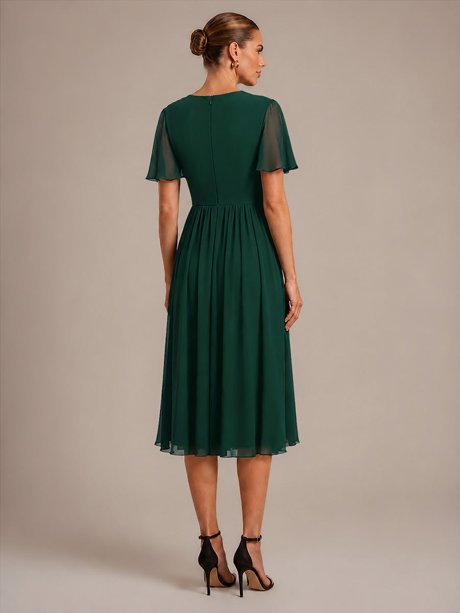 Robe midi A ligne plissée à manches courtes en V avec volants #Couleur_Vert Fonce