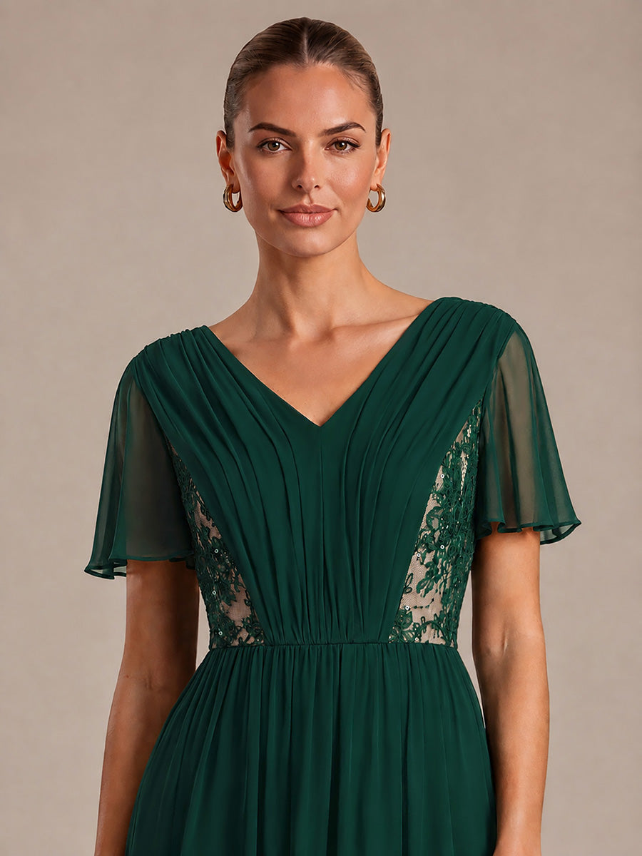 Robe midi A ligne plissée à manches courtes en V avec volants #Couleur_Vert Fonce