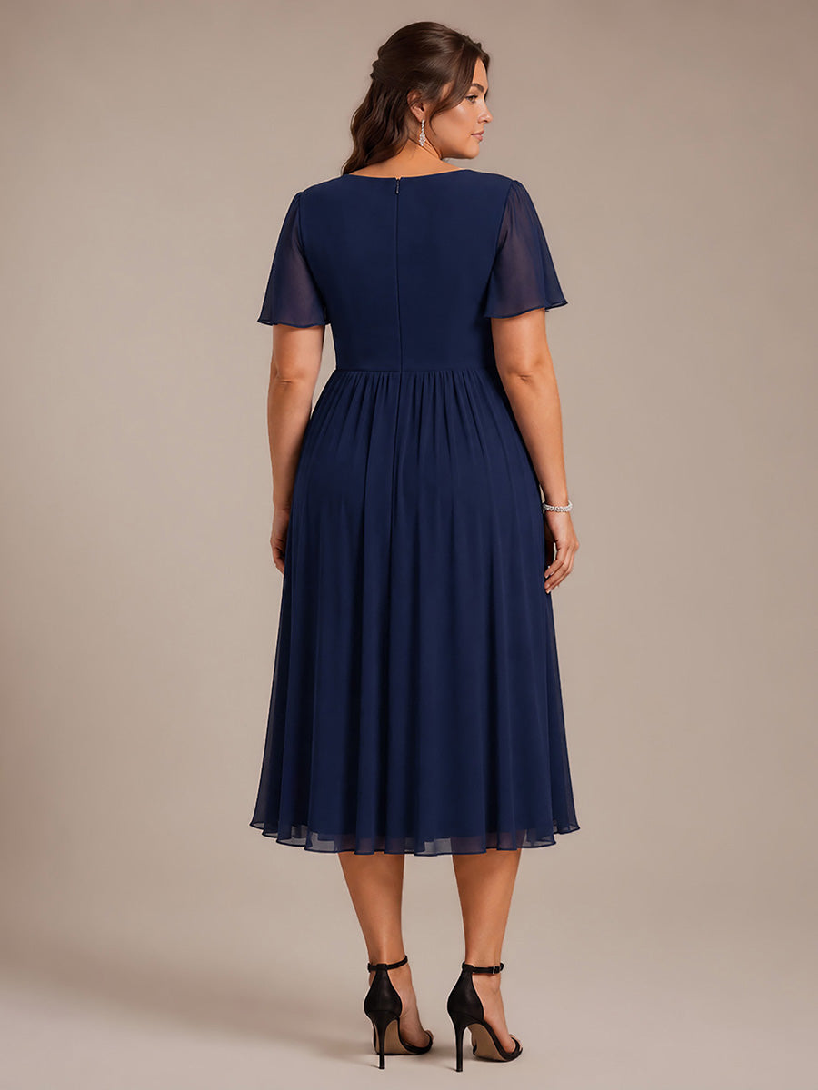 Robe midi A ligne plissée à manches courtes en V avec volants #Couleur_Bleu Marine