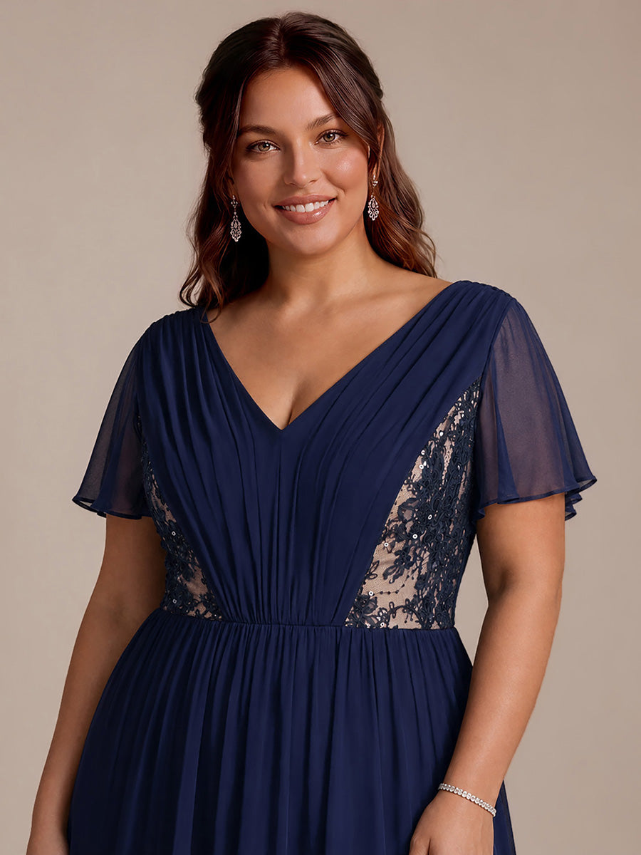 Robe midi A ligne plissée à manches courtes en V avec volants #Couleur_Bleu Marine