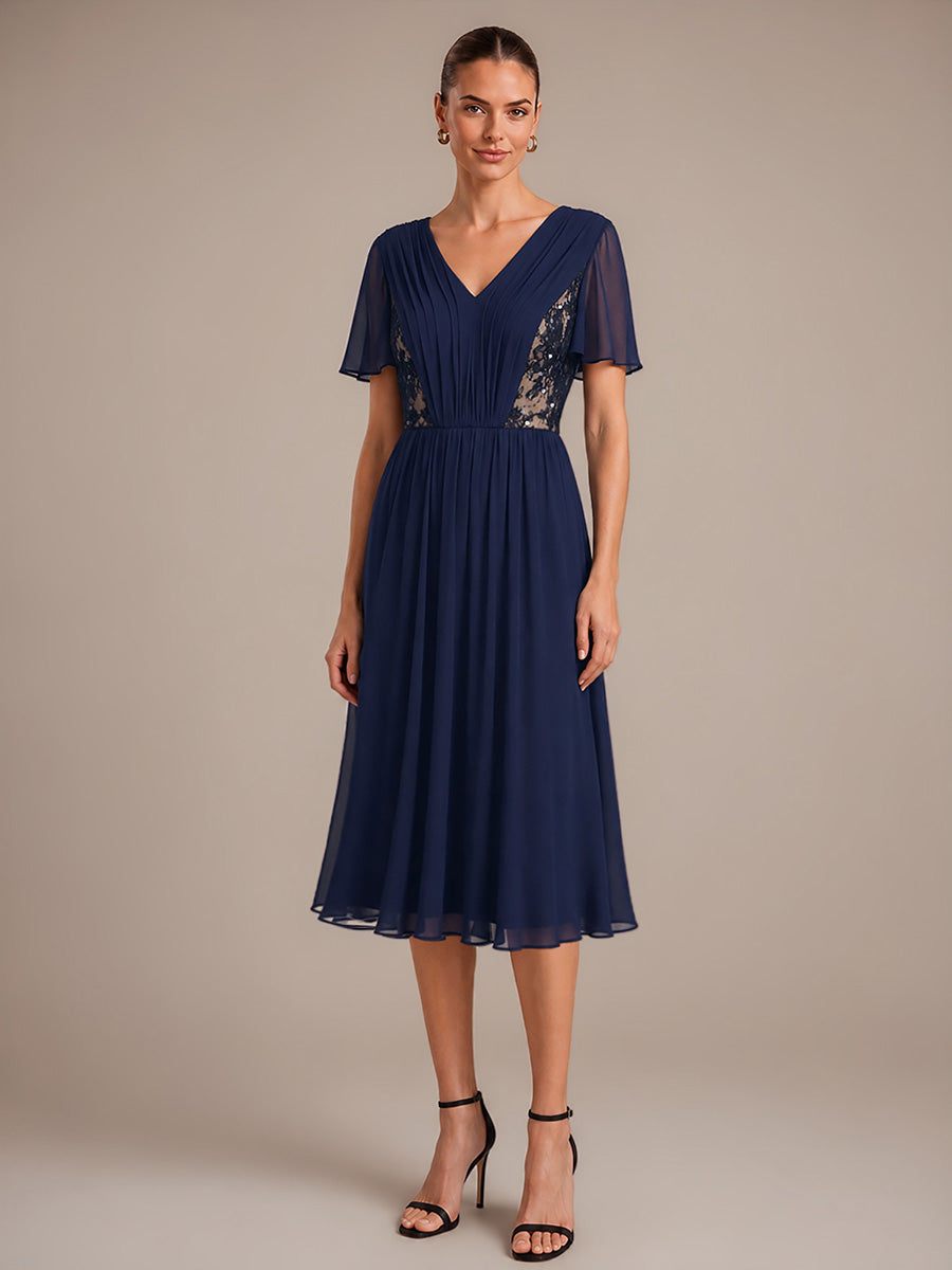 Robe midi A ligne plissée à manches courtes en V avec volants #Couleur_Bleu Marine