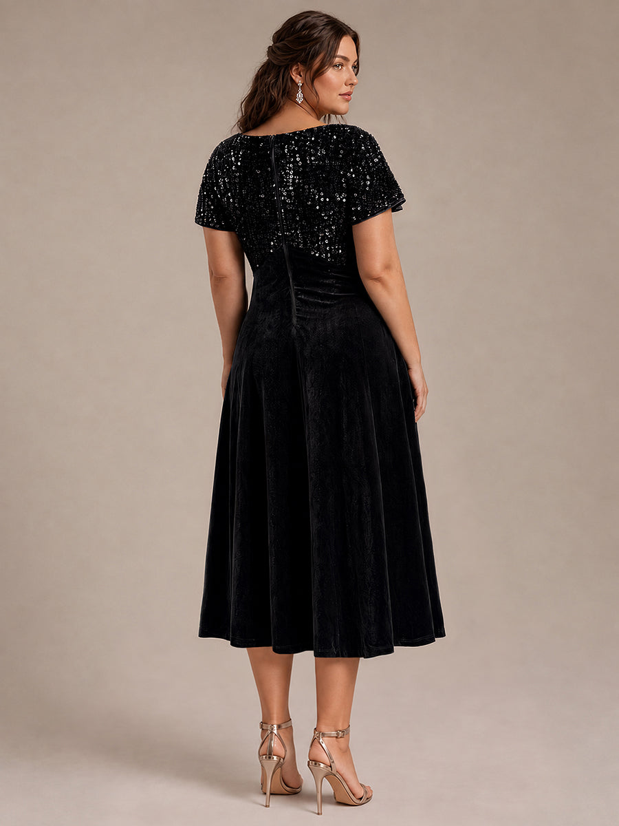 Robe mi-longue en A avec manches courtes décolleté en V et sequins #Couleur_Noir