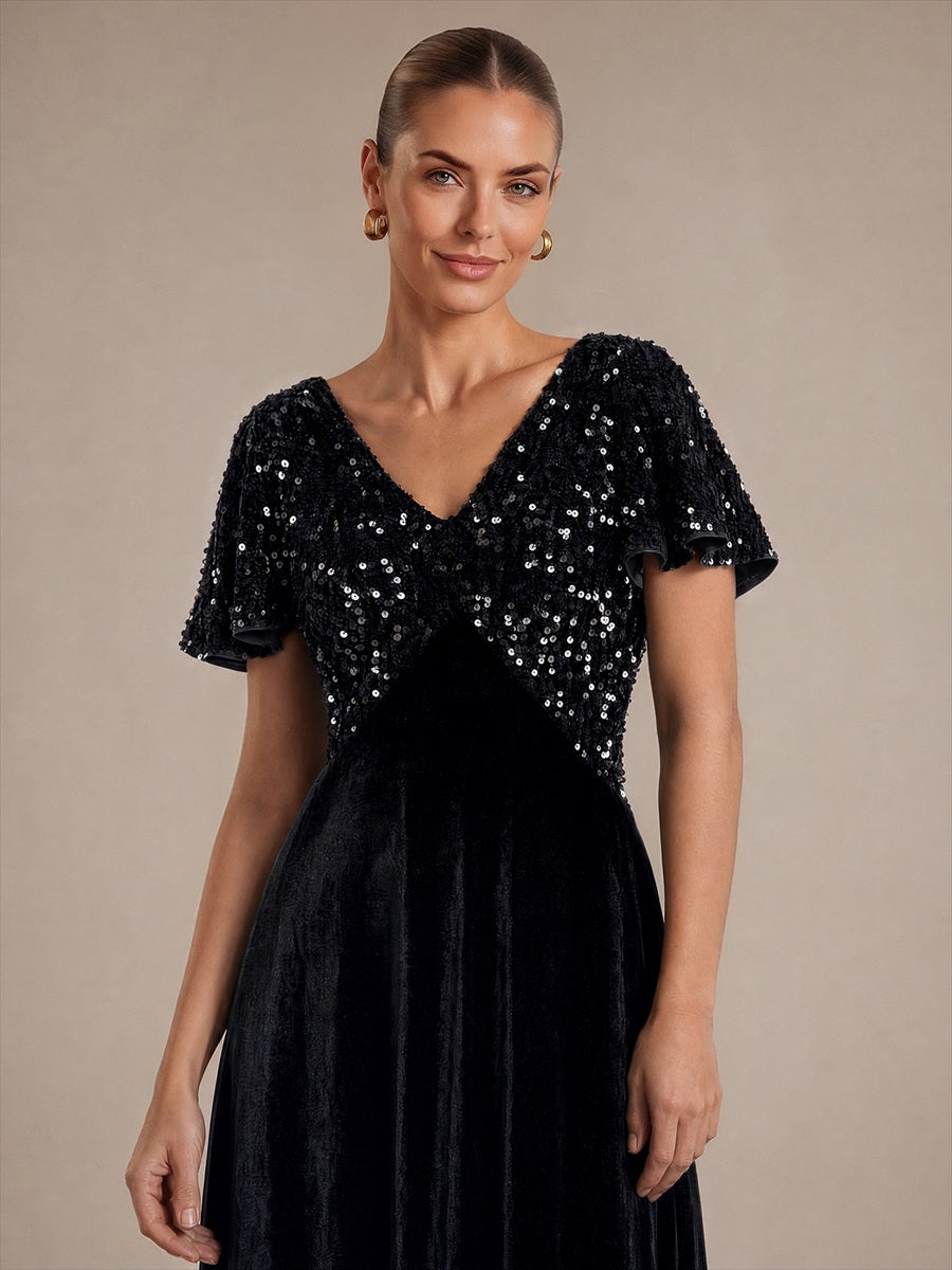 Robe mi-longue en A avec manches courtes décolleté en V et sequins #Couleur_Noir