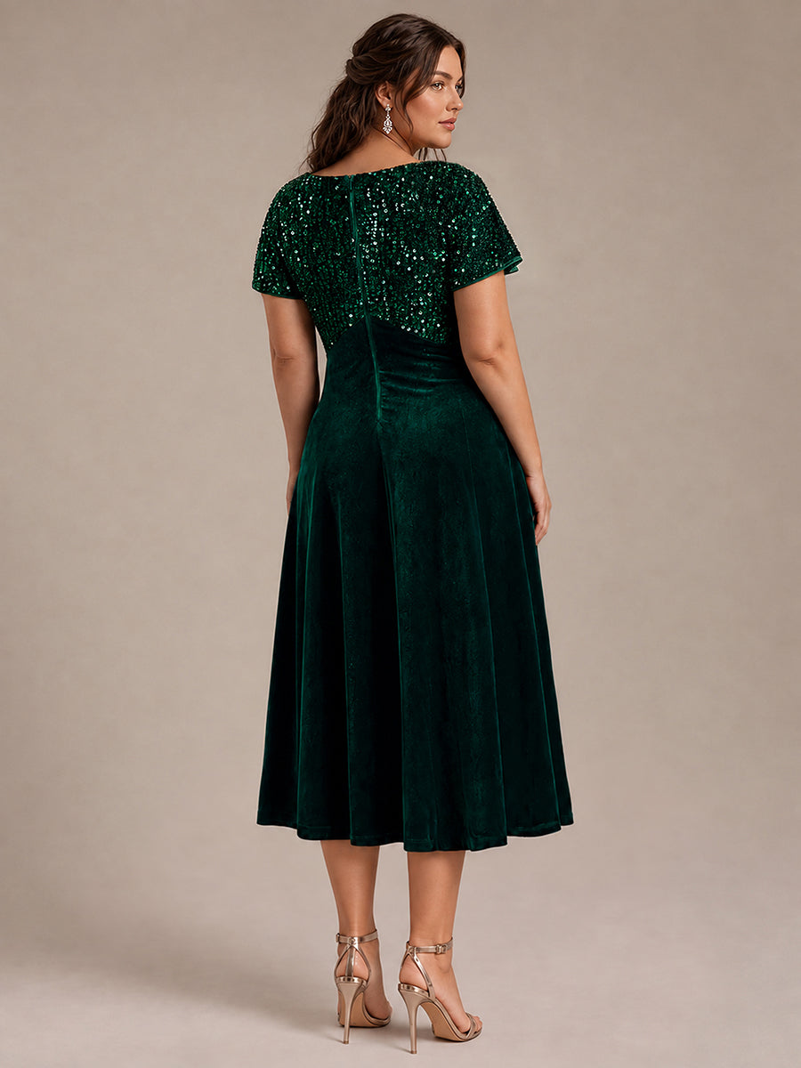Robe mi-longue en A avec manches courtes décolleté en V et sequins #Couleur_Vert Fonce