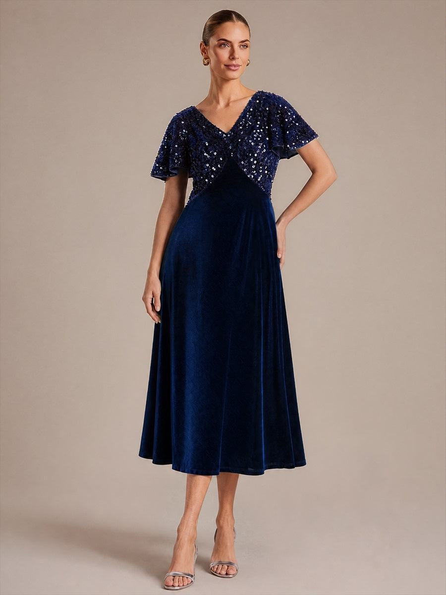 Robe mi-longue en A avec manches courtes décolleté en V et sequins #Couleur_Bleu Marine