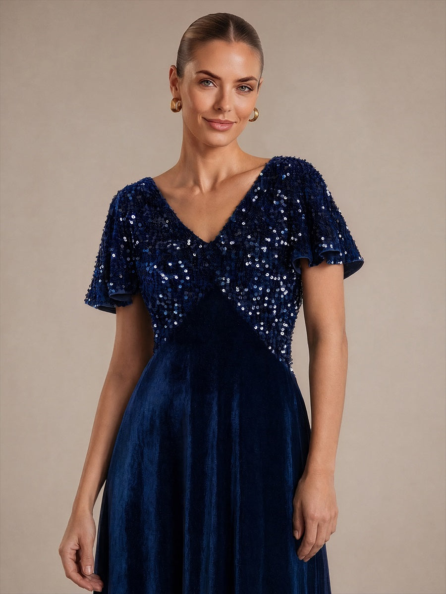 Robe mi-longue en A avec manches courtes décolleté en V et sequins #Couleur_Bleu Marine