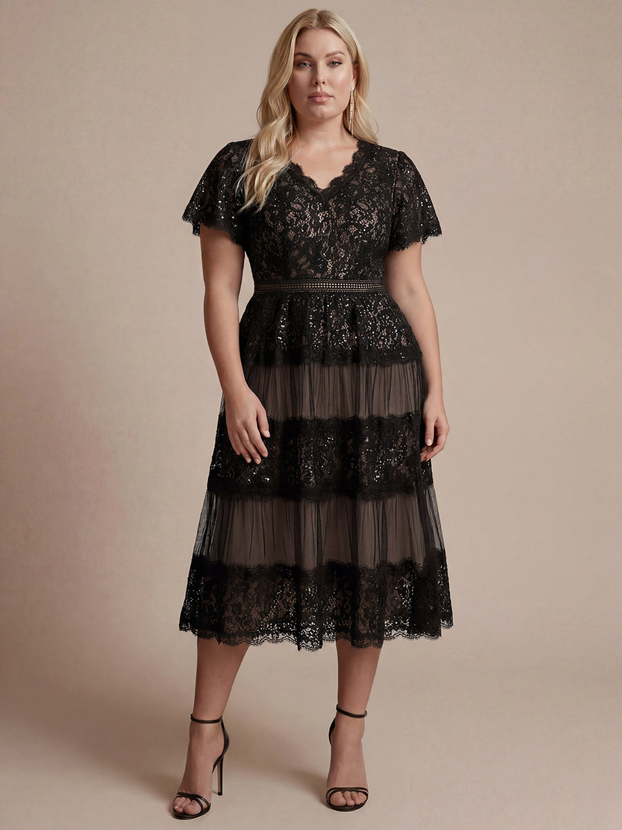 Robe en tulle A-line longueur thé à manches courtes décolleté en V avec sequins #Couleur_Noir
