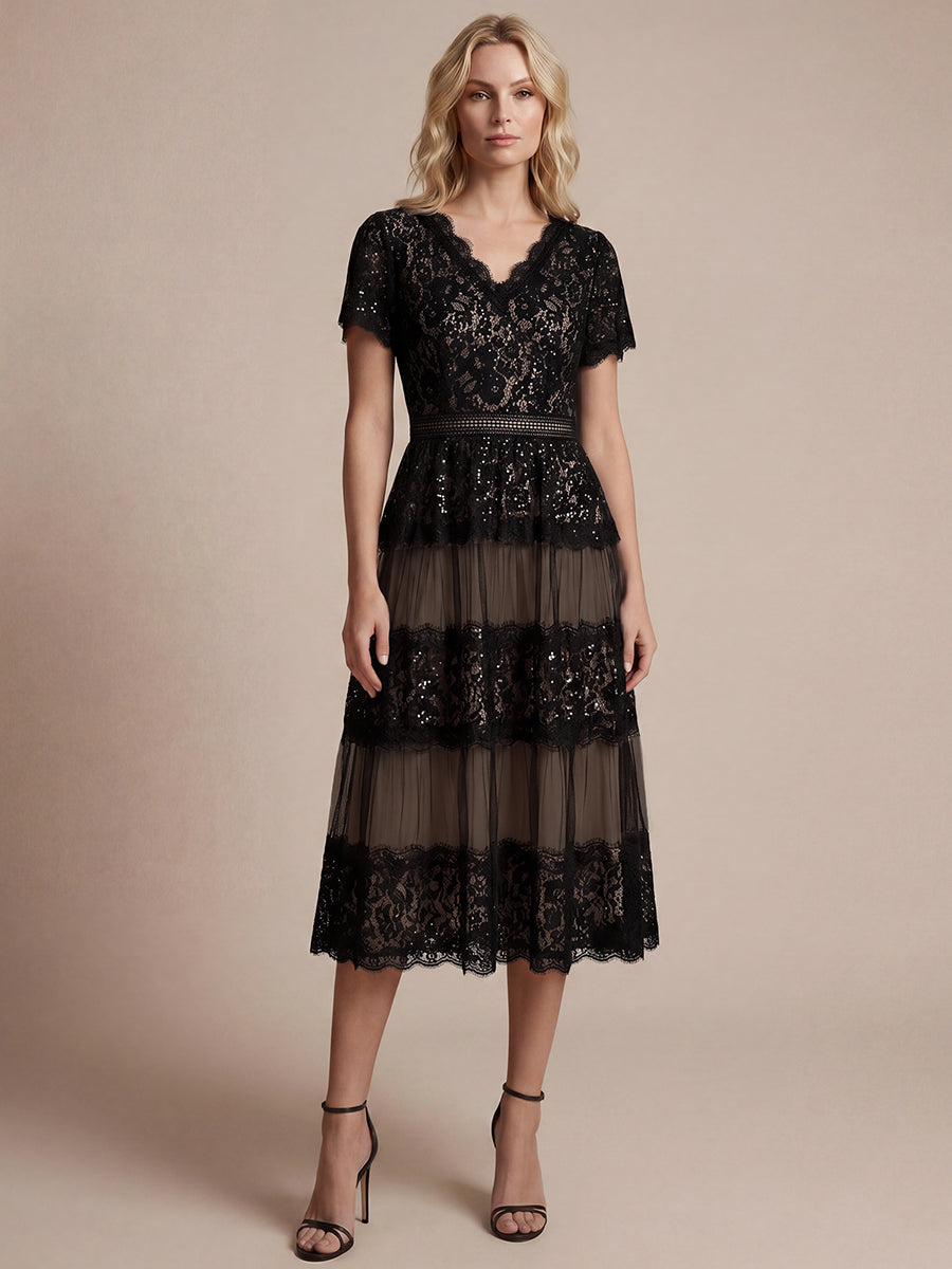 Robe en tulle A-line longueur thé à manches courtes décolleté en V avec sequins #Couleur_Noir