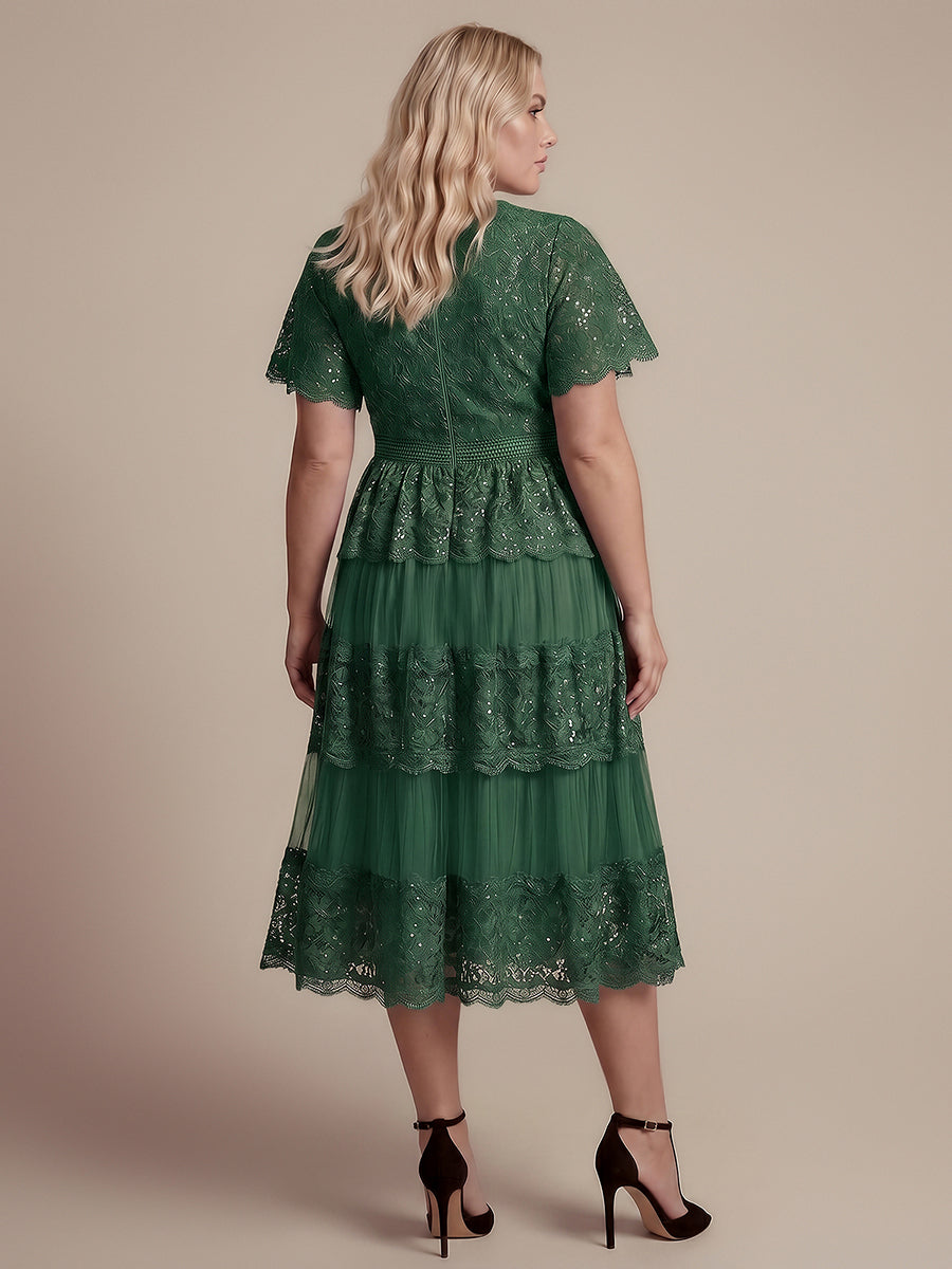 Robe en tulle A-line longueur thé à manches courtes décolleté en V avec sequins #Couleur_Vert Fonce