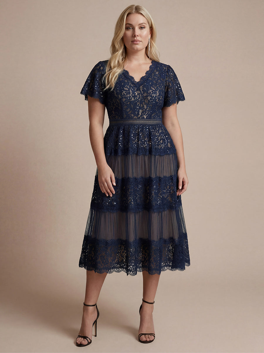 Robe en tulle A-line longueur thé à manches courtes décolleté en V avec sequins #Couleur_Bleu Marine