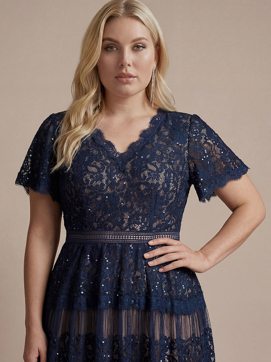 Robe en tulle A-line longueur thé à manches courtes décolleté en V avec sequins #Couleur_Bleu Marine