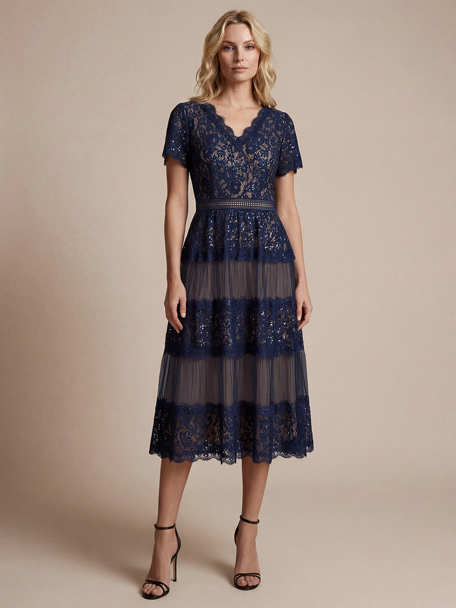 Robe en tulle A-line longueur thé à manches courtes décolleté en V avec sequins #Couleur_Bleu Marine