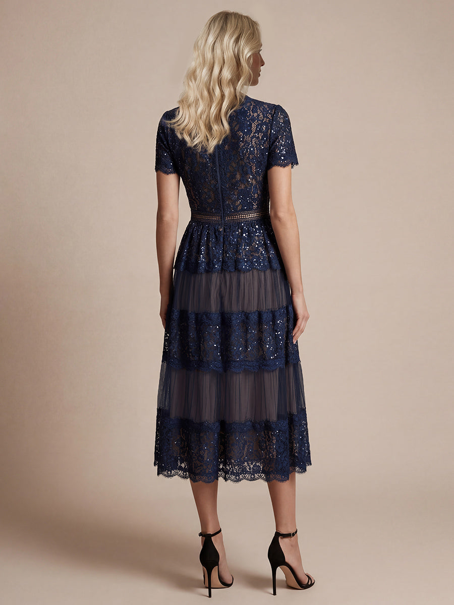 Robe en tulle A-line longueur thé à manches courtes décolleté en V avec sequins #Couleur_Bleu Marine