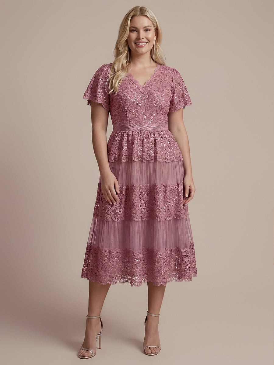 Robe en tulle A-line longueur thé à manches courtes décolleté en V avec sequins #Couleur_Orchidee