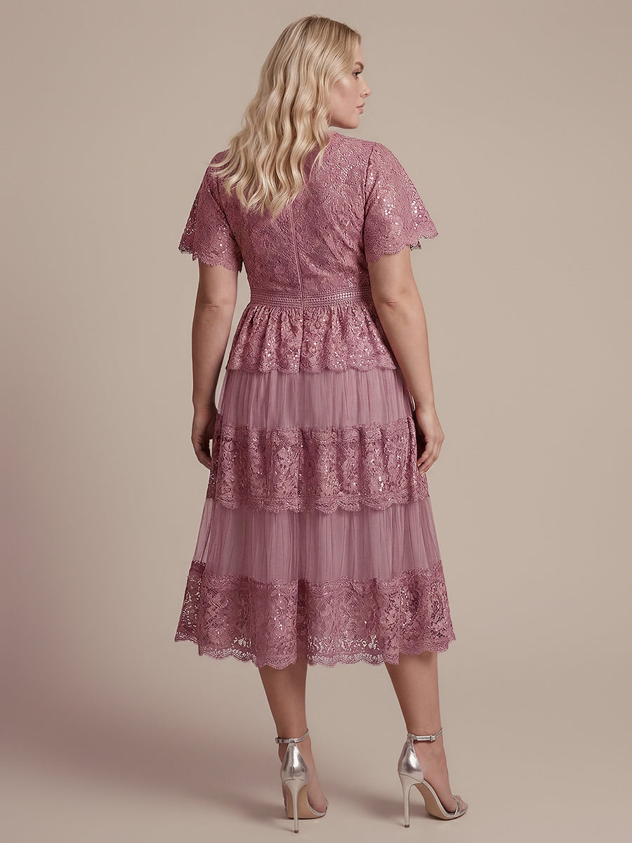 Robe en tulle A-line longueur thé à manches courtes décolleté en V avec sequins #Couleur_Orchidee