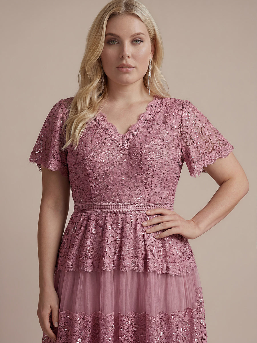 Robe en tulle A-line longueur thé à manches courtes décolleté en V avec sequins #Couleur_Orchidee