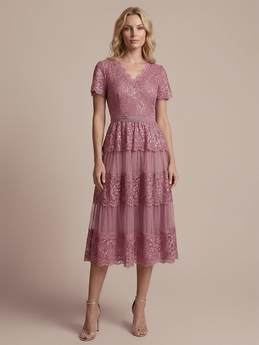 Robe en tulle A-line longueur thé à manches courtes décolleté en V avec sequins #Couleur_Orchidee