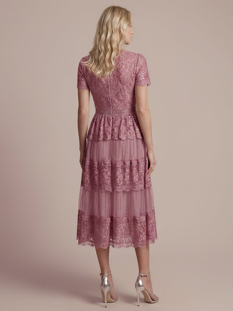 Robe en tulle A-line longueur thé à manches courtes décolleté en V avec sequins #Couleur_Orchidee