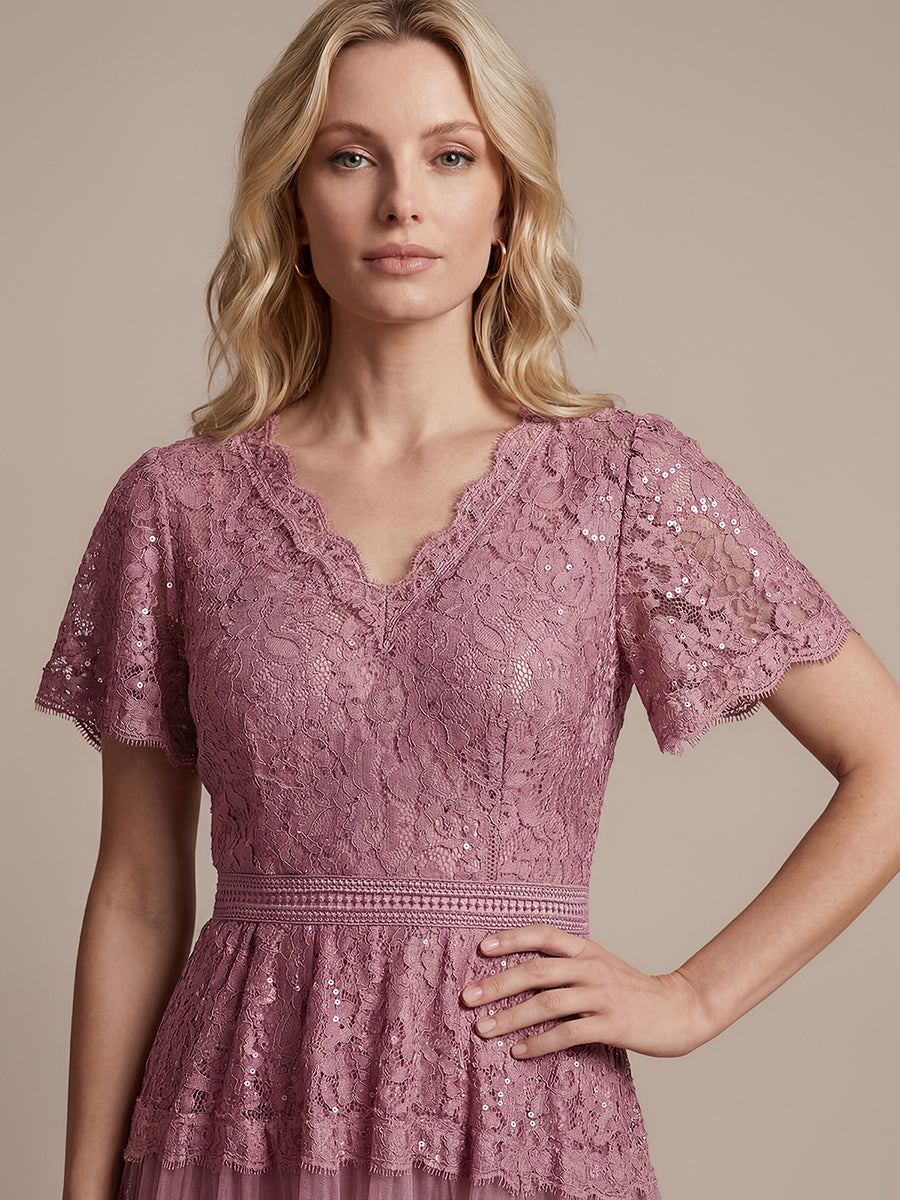 Robe en tulle A-line longueur thé à manches courtes décolleté en V avec sequins #Couleur_Orchidee