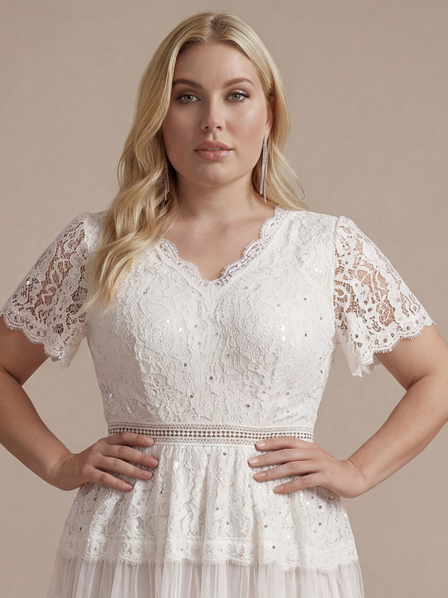 Robe en tulle A-line longueur thé à manches courtes décolleté en V avec sequins #Couleur_Blanc