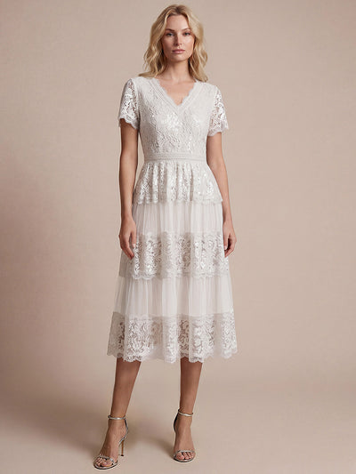 Robe en tulle A-line longueur thé à manches courtes décolleté en V avec sequins