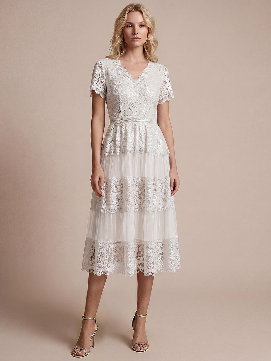 Robe en tulle A-line longueur thé à manches courtes décolleté en V avec sequins #Couleur_Blanc