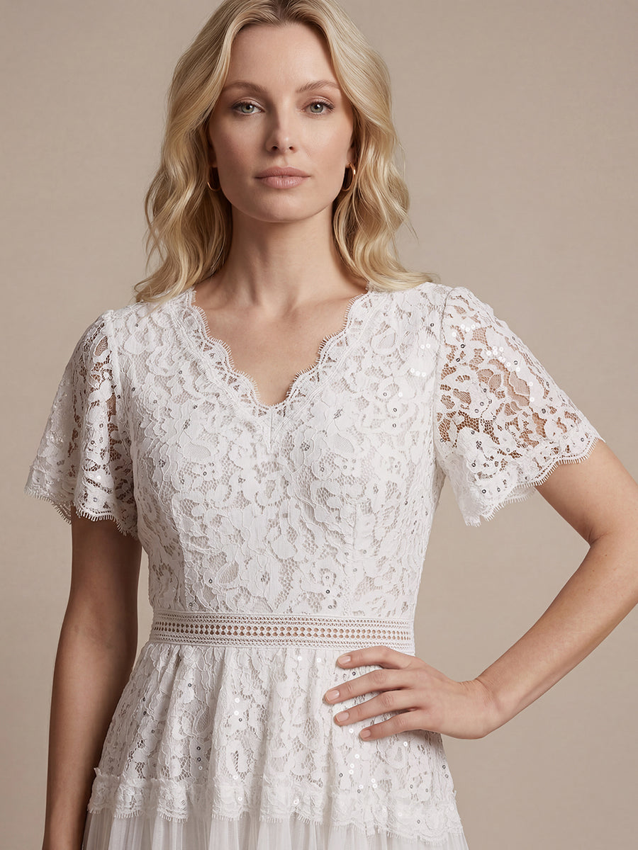 Robe en tulle A-line longueur thé à manches courtes décolleté en V avec sequins #Couleur_Blanc