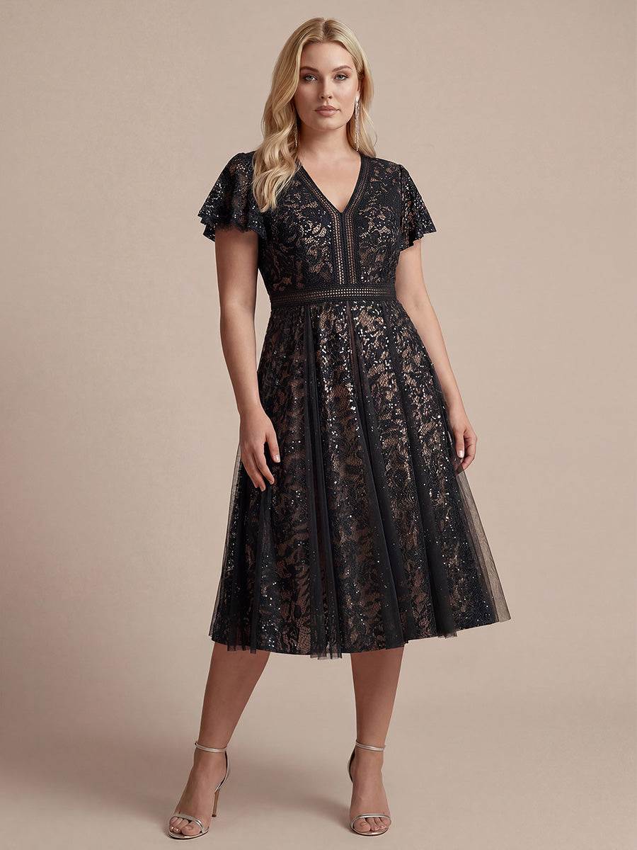 robe midi évasée en tulle avec manches courtes décolleté en V et volants #Couleur_Noir