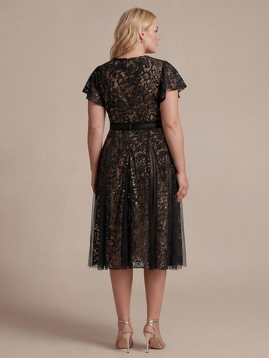 robe midi évasée en tulle avec manches courtes décolleté en V et volants #Couleur_Noir