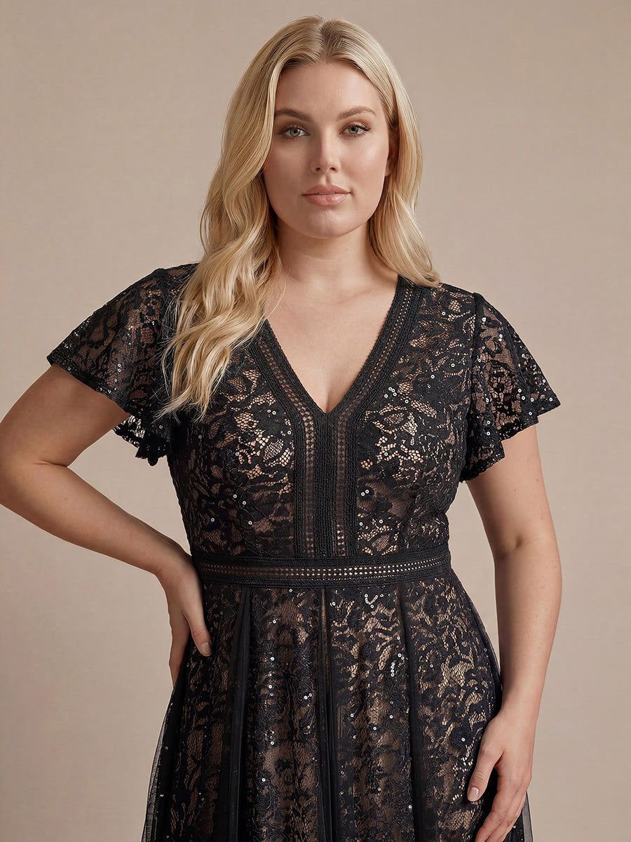robe midi évasée en tulle avec manches courtes décolleté en V et volants #Couleur_Noir