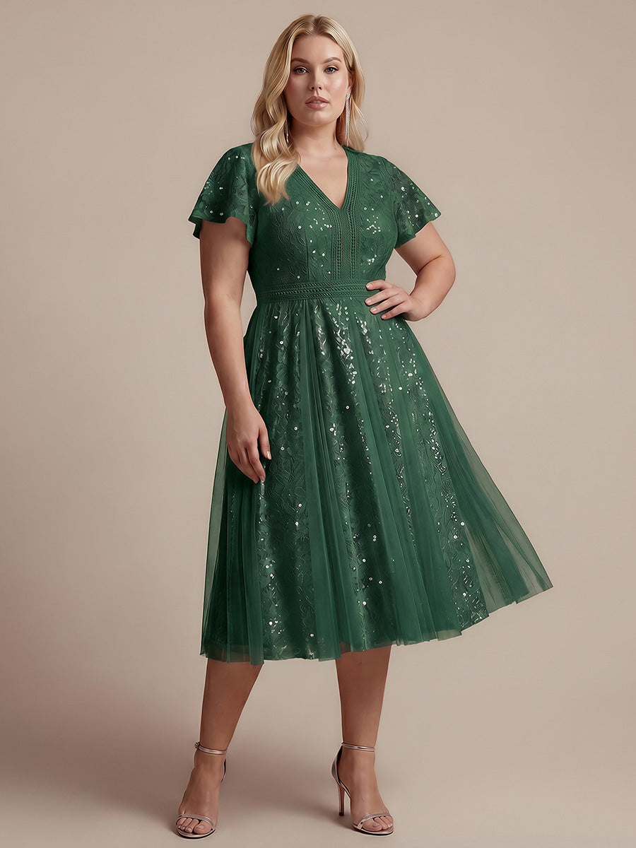 robe midi évasée en tulle avec manches courtes décolleté en V et volants #Couleur_Vert Fonce