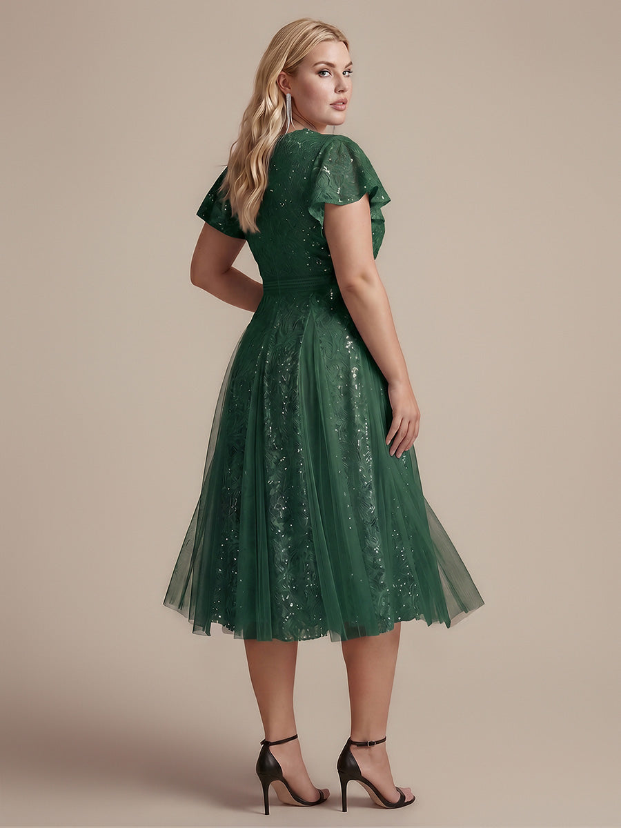robe midi évasée en tulle avec manches courtes décolleté en V et volants #Couleur_Vert Fonce