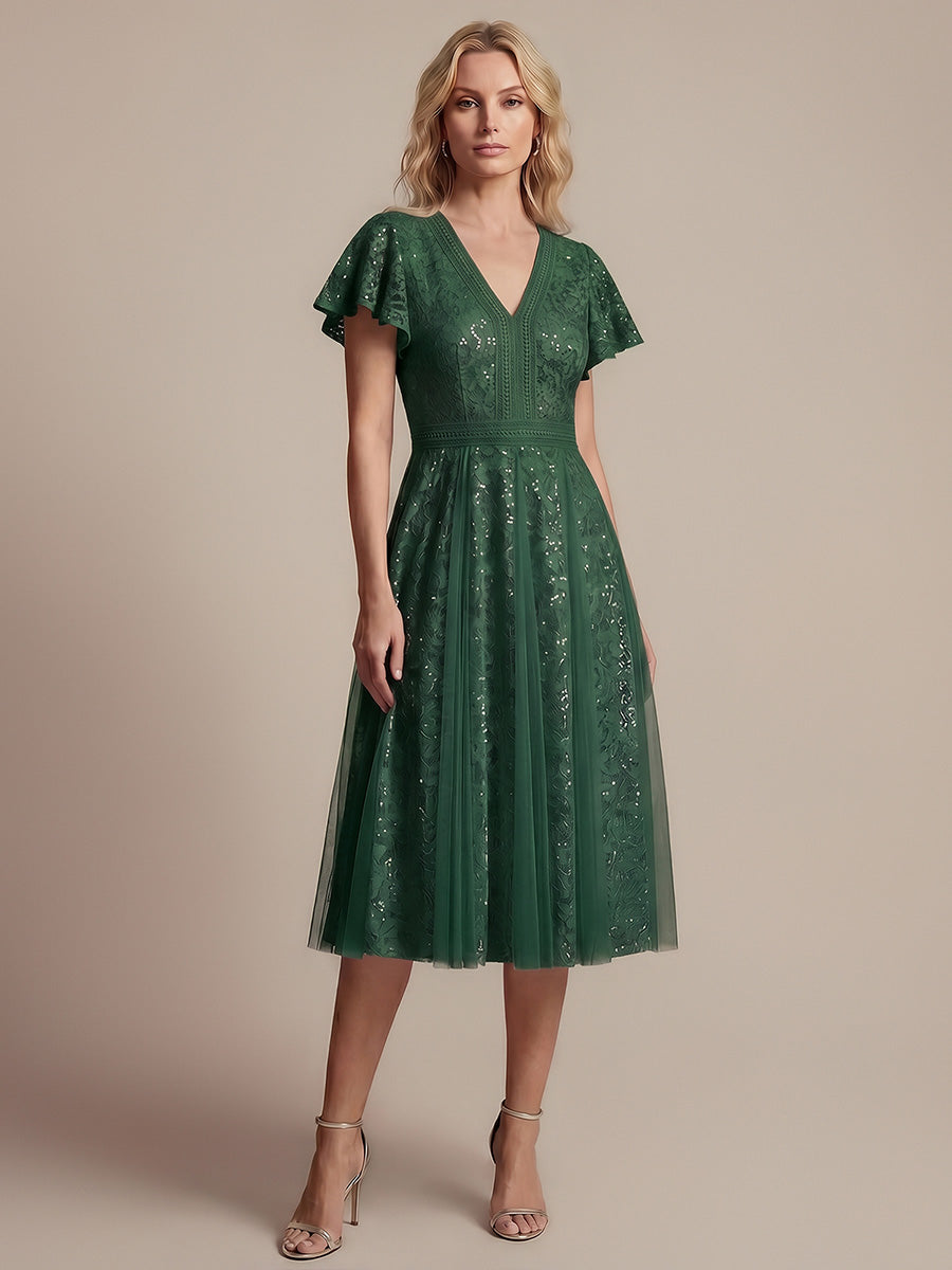 robe midi évasée en tulle avec manches courtes décolleté en V et volants #Couleur_Vert Fonce