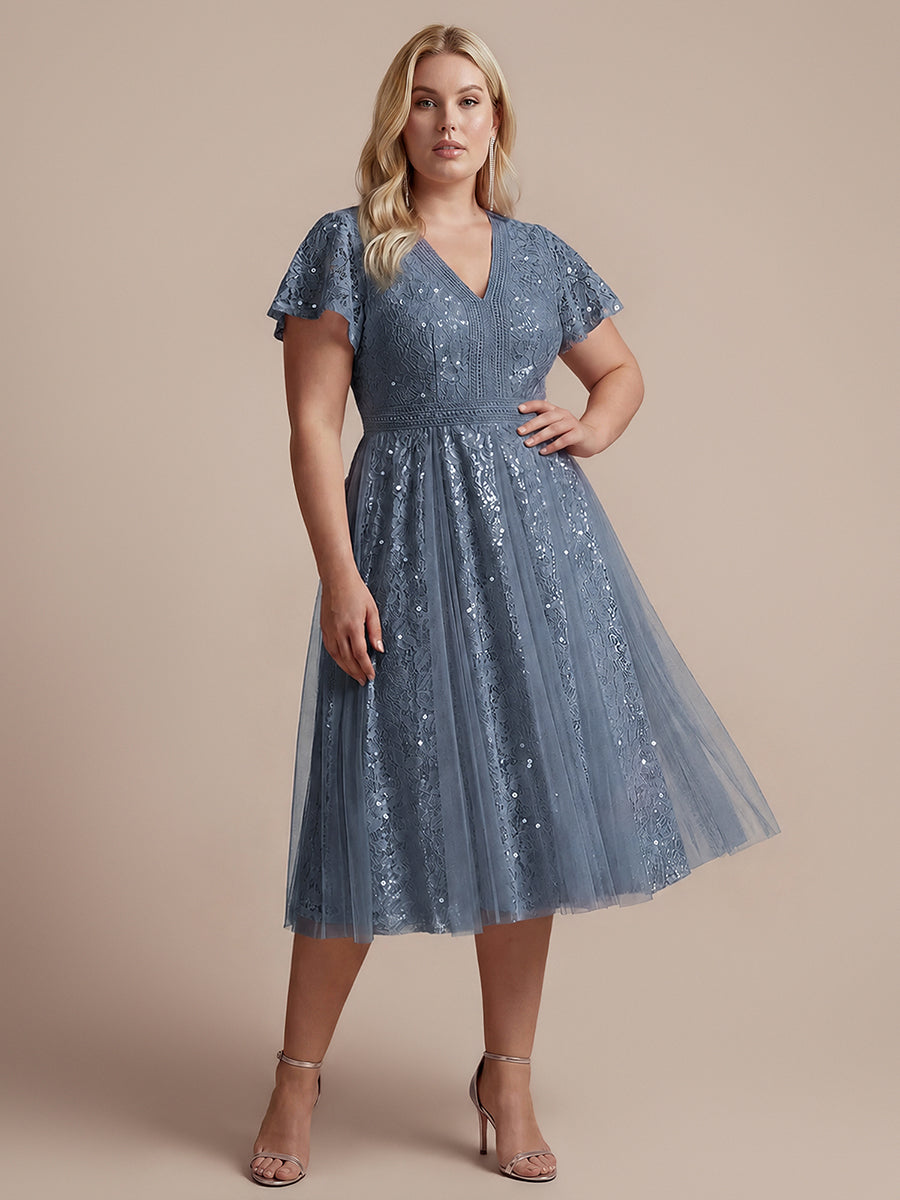 robe midi évasée en tulle avec manches courtes décolleté en V et volants #Couleur_Marine Fume