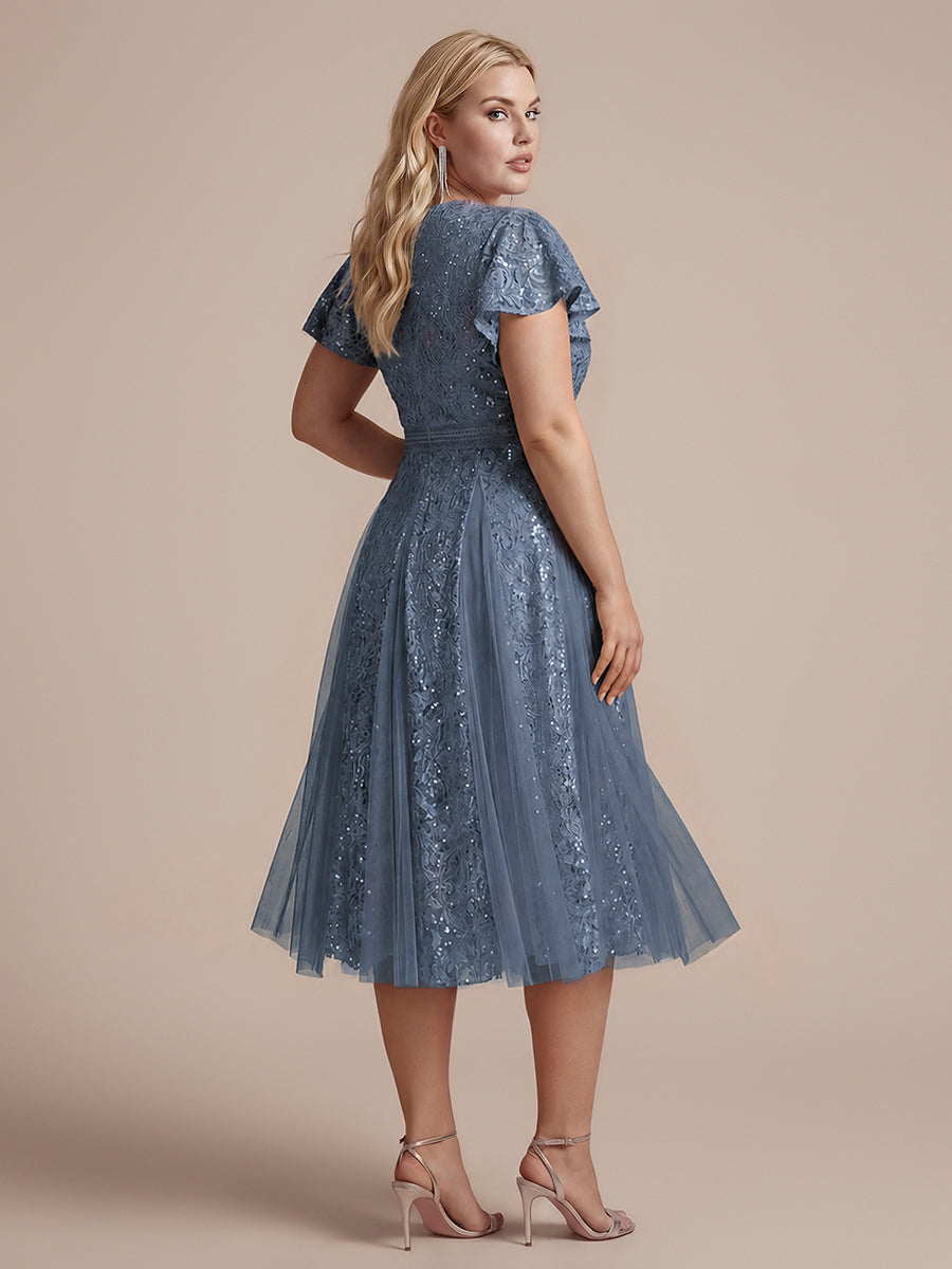 robe midi évasée en tulle avec manches courtes décolleté en V et volants #Couleur_Marine Fume