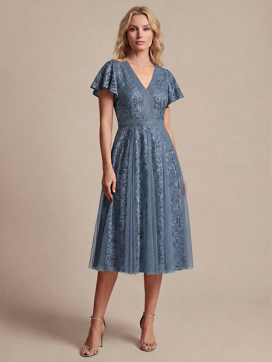 robe midi évasée en tulle avec manches courtes décolleté en V et volants #Couleur_Marine Fume