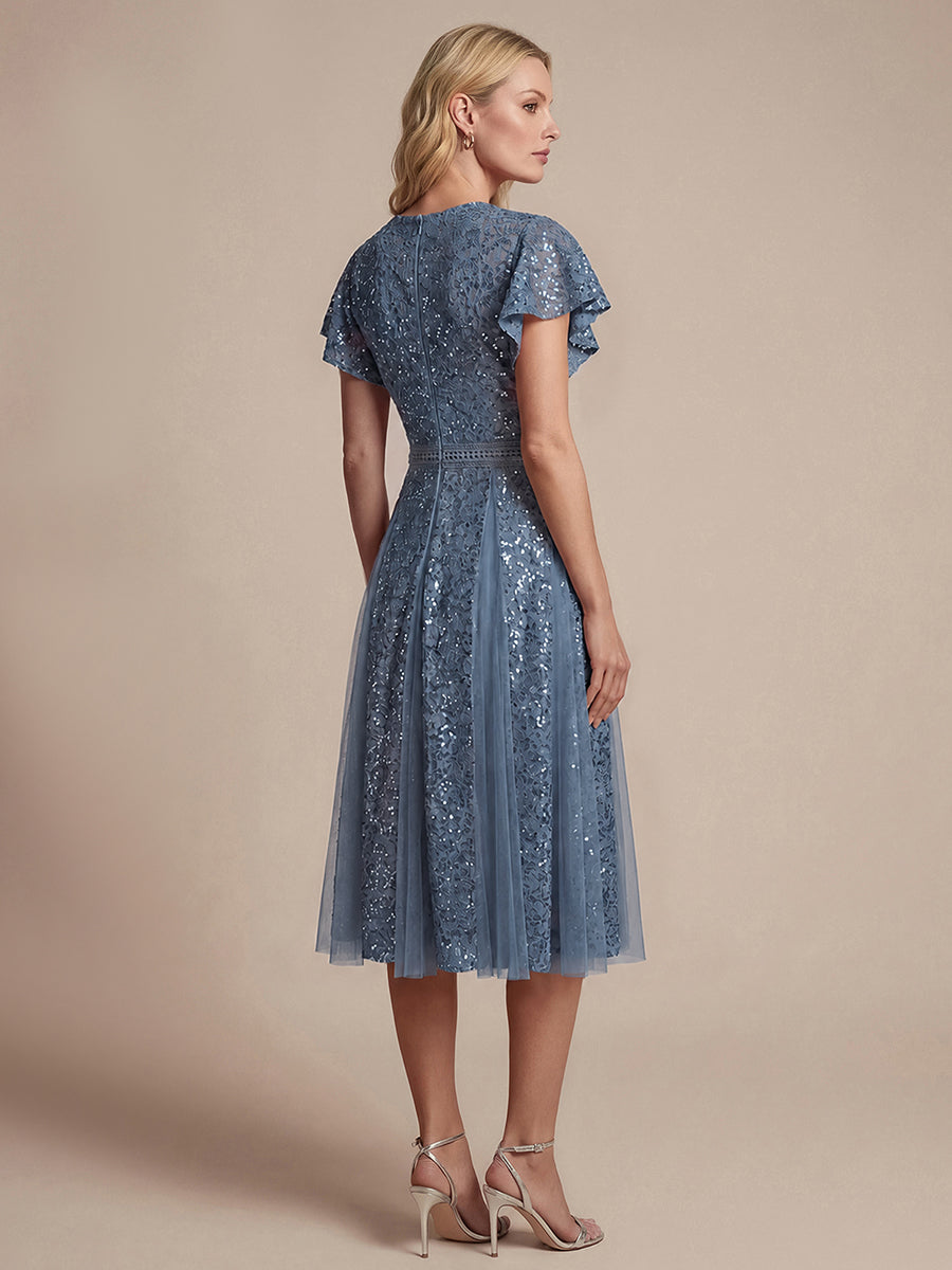 robe midi évasée en tulle avec manches courtes décolleté en V et volants #Couleur_Marine Fume