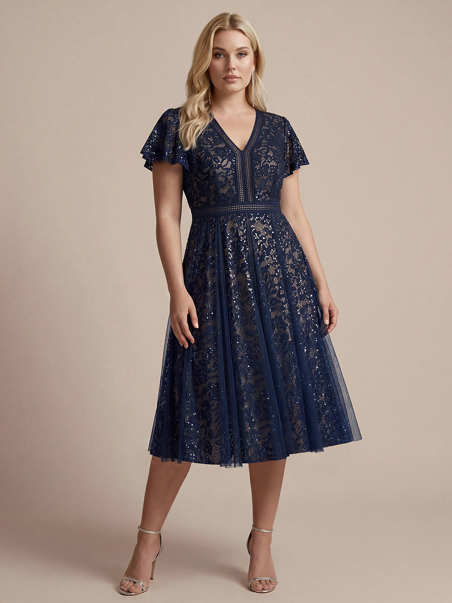 robe midi évasée en tulle avec manches courtes décolleté en V et volants #Couleur_Bleu Marine