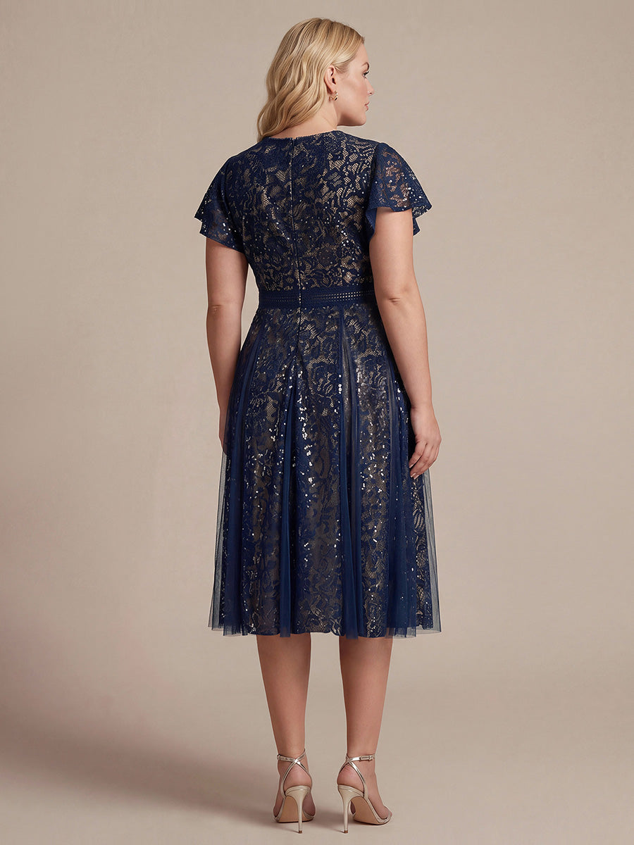 robe midi évasée en tulle avec manches courtes décolleté en V et volants #Couleur_Bleu Marine