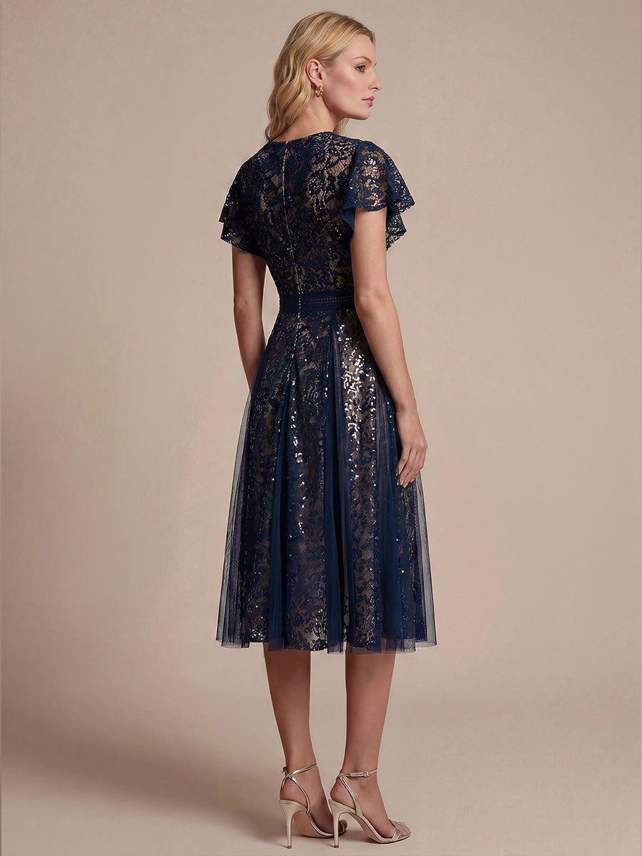 robe midi évasée en tulle avec manches courtes décolleté en V et volants #Couleur_Bleu Marine