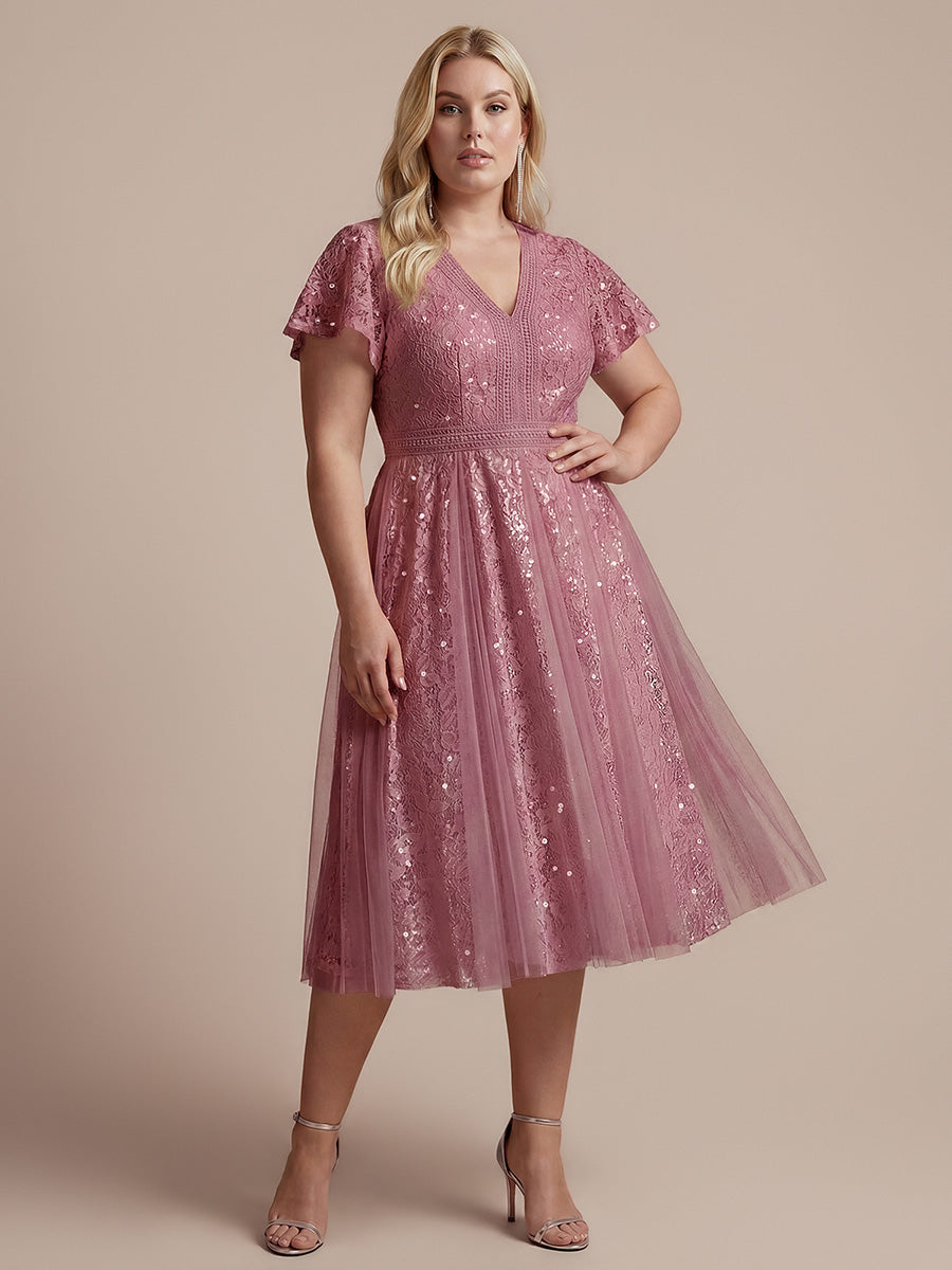 robe midi évasée en tulle avec manches courtes décolleté en V et volants #Couleur_Orchidee