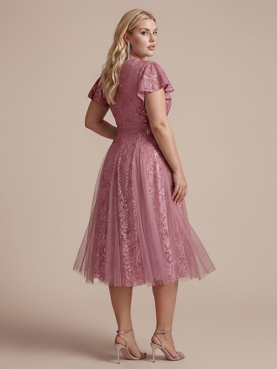 robe midi évasée en tulle avec manches courtes décolleté en V et volants #Couleur_Orchidee