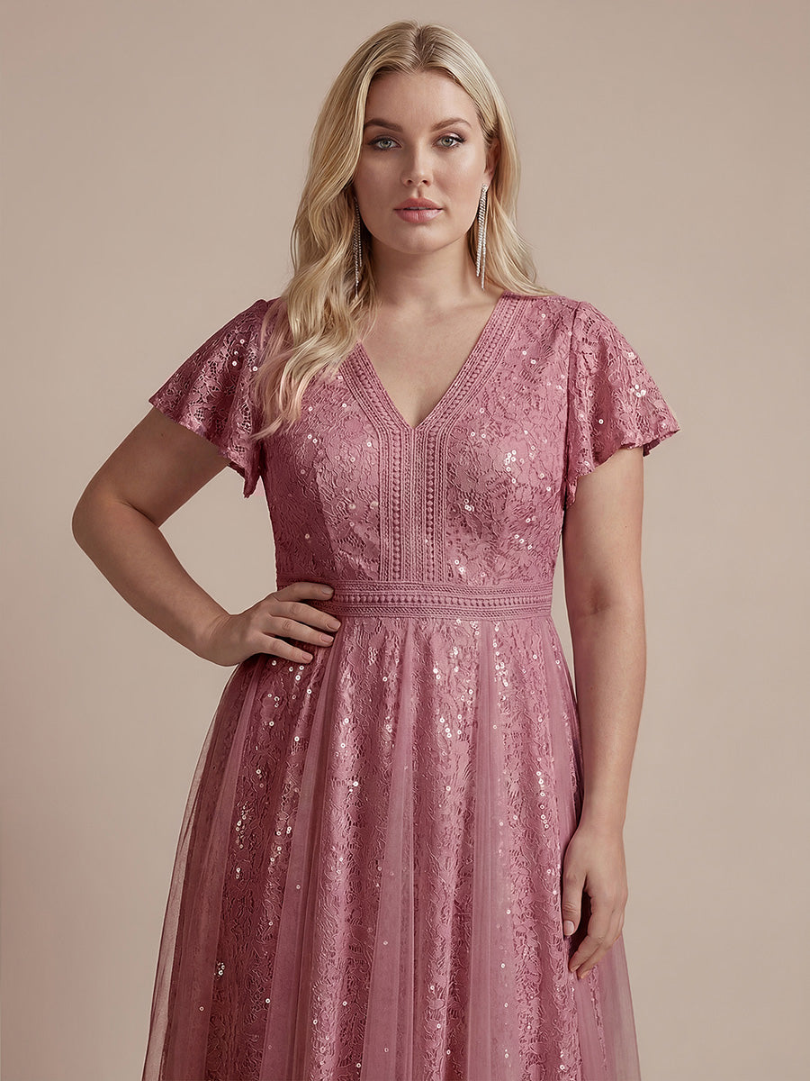 robe midi évasée en tulle avec manches courtes décolleté en V et volants #Couleur_Orchidee