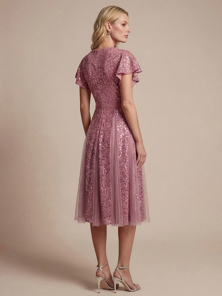 robe midi évasée en tulle avec manches courtes décolleté en V et volants #Couleur_Orchidee