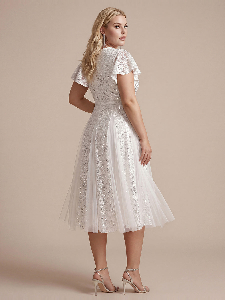robe midi évasée en tulle avec manches courtes décolleté en V et volants #Couleur_Blanc
