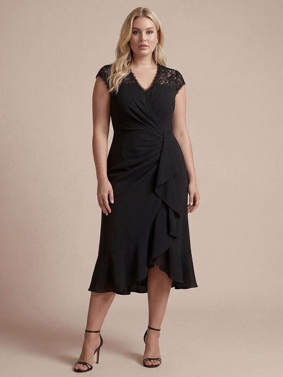 robe midi sirène à volants en sequins à manches courtes avec décolleté croisé #Couleur_Noir