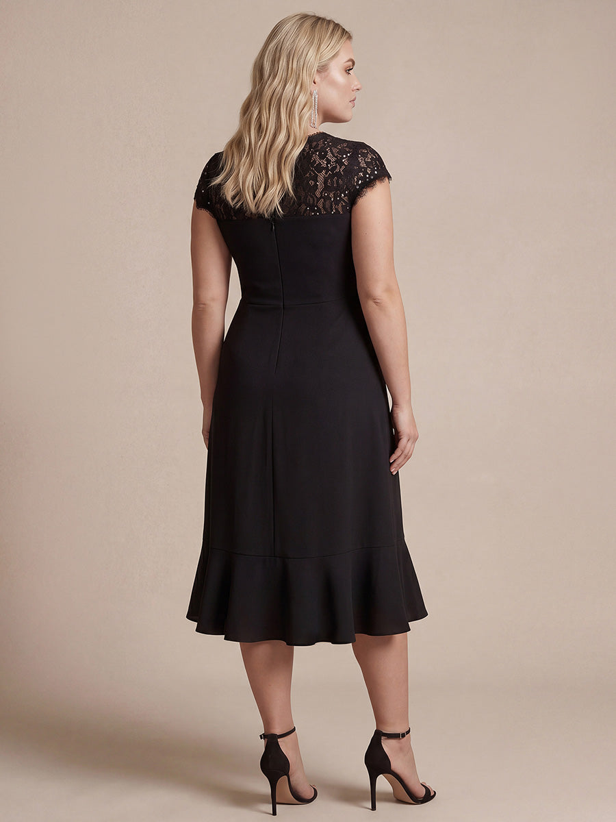 robe midi sirène à volants en sequins à manches courtes avec décolleté croisé #Couleur_Noir